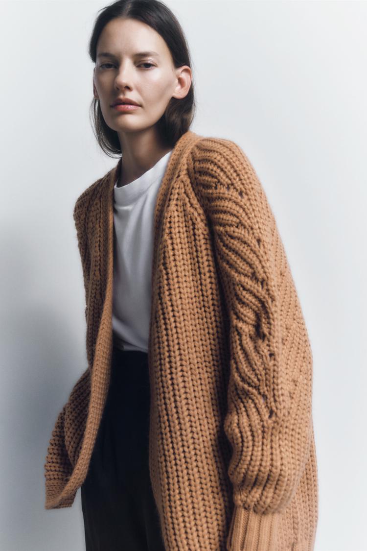 LONG OPEN FRONT KNIT CARDIGAN taupe brown ZARA Canada